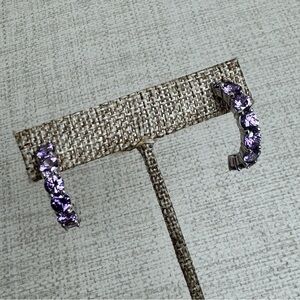 Silver Amethyst CZ Hoop Pierced Earrings